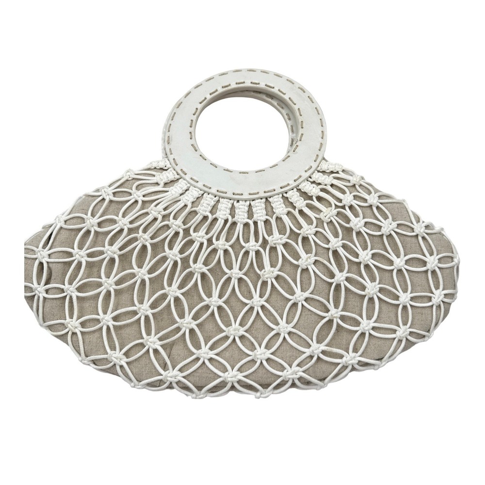 Monsac White Macrame Linen Handbag Boho Leather Handle Bag